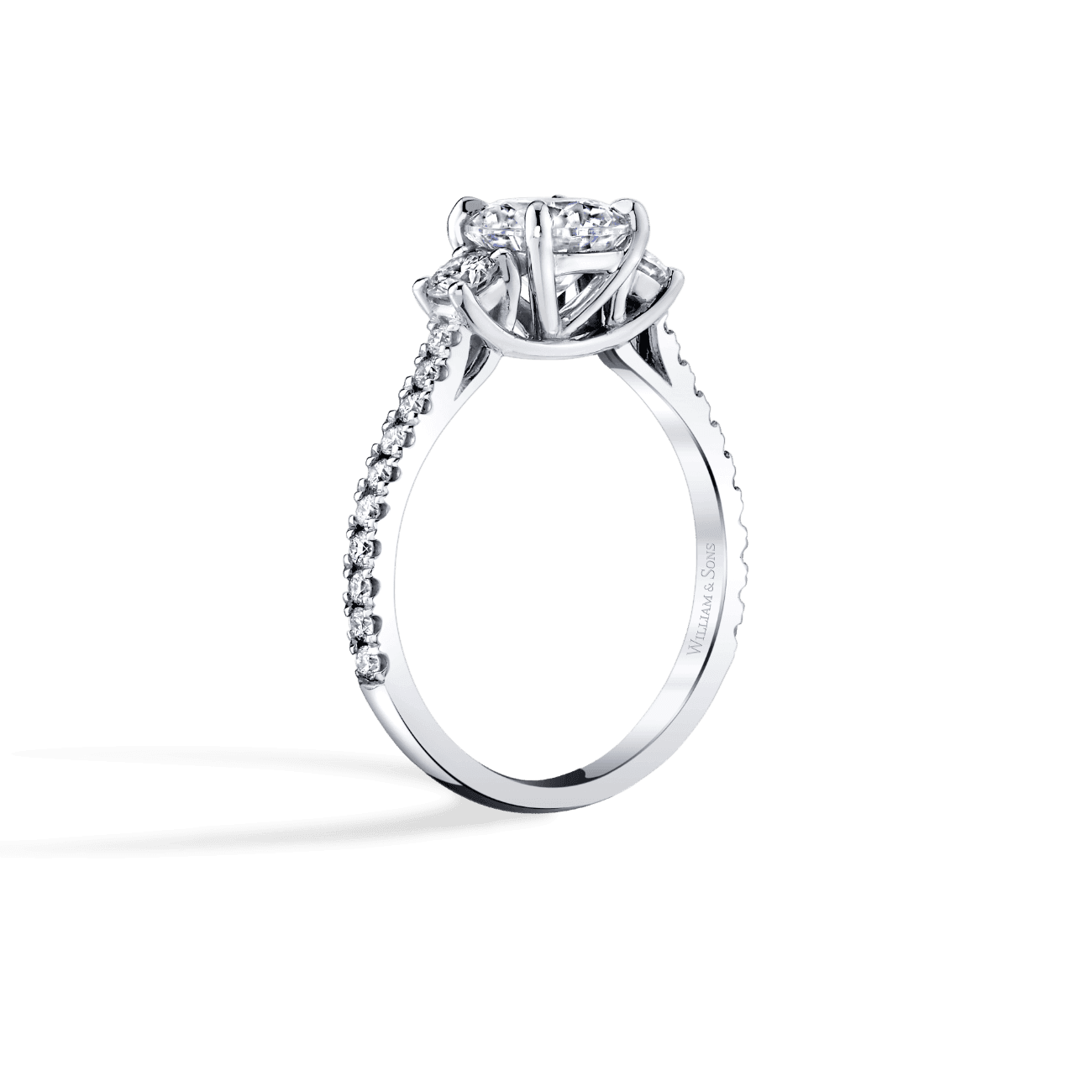 Round Shape Three Stone Engagement Ring in 14K White Gold, with Natural Accent Diamonds