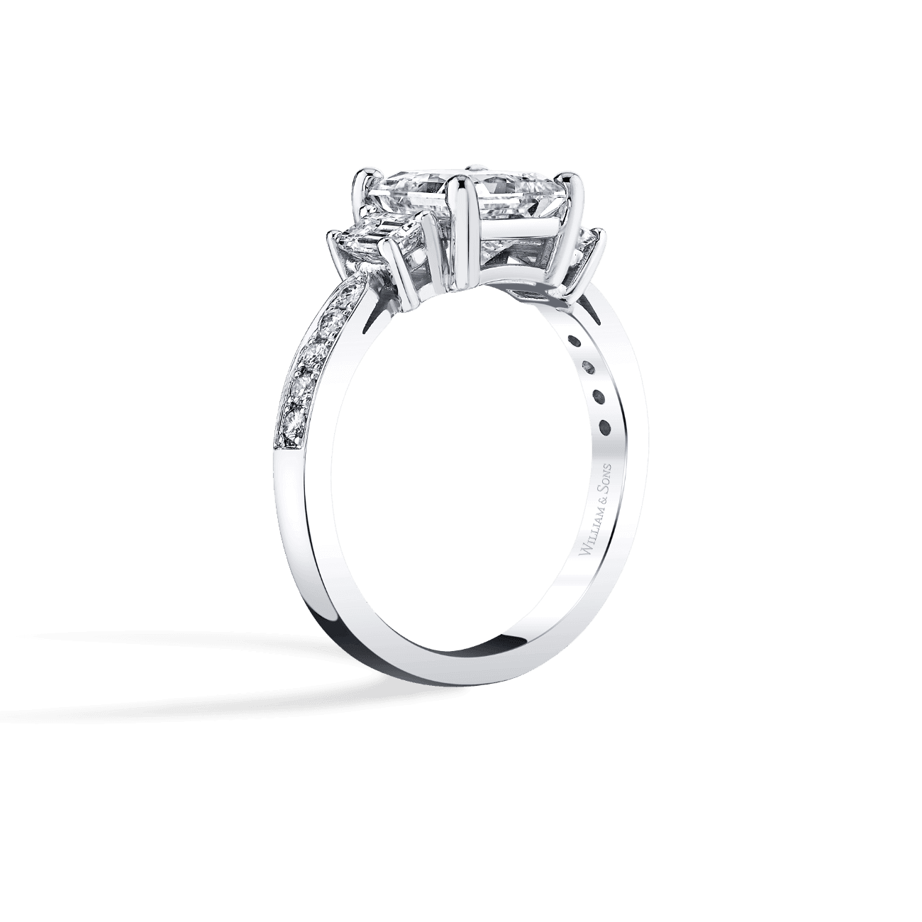 Princess Shape Three Stone Engagement Ring in 14K White Gold, with Natural Accent Diamonds