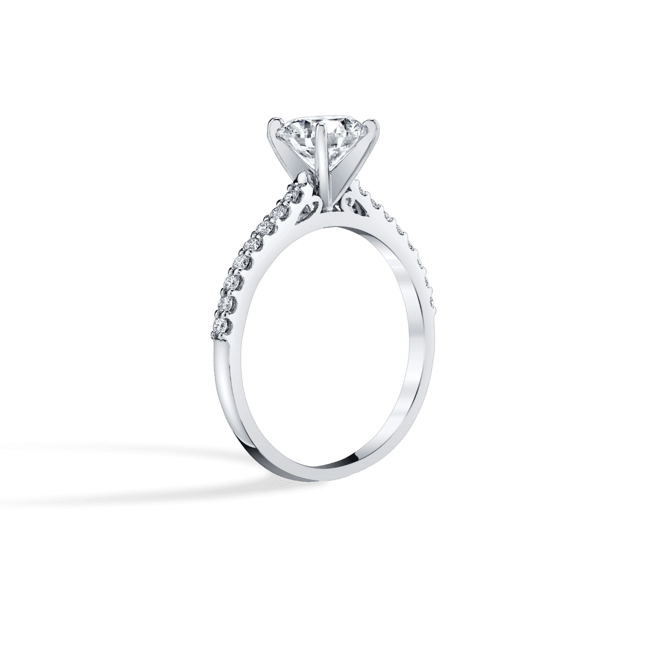 Round Shape Petite Pave Engagement Ring in 14K White Gold, with Natural Accent Diamonds