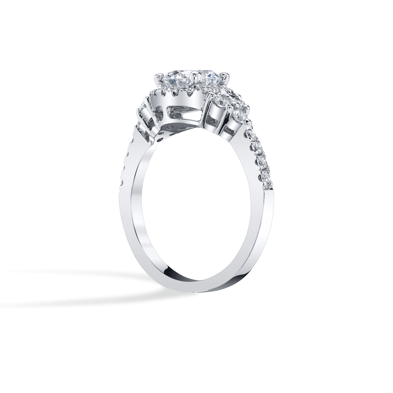 Round Shape Cluster Halo Engagement Ring in 14K White Gold, with Natural Accent Diamonds