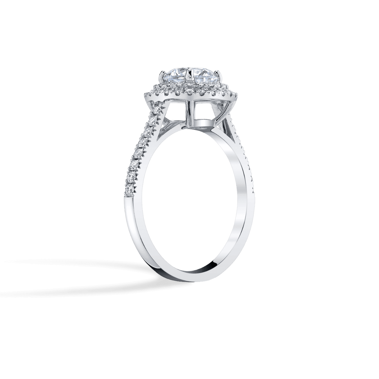 Round Shape Double Halo Engagement Ring in 14K White Gold, with Natural Accent Diamonds