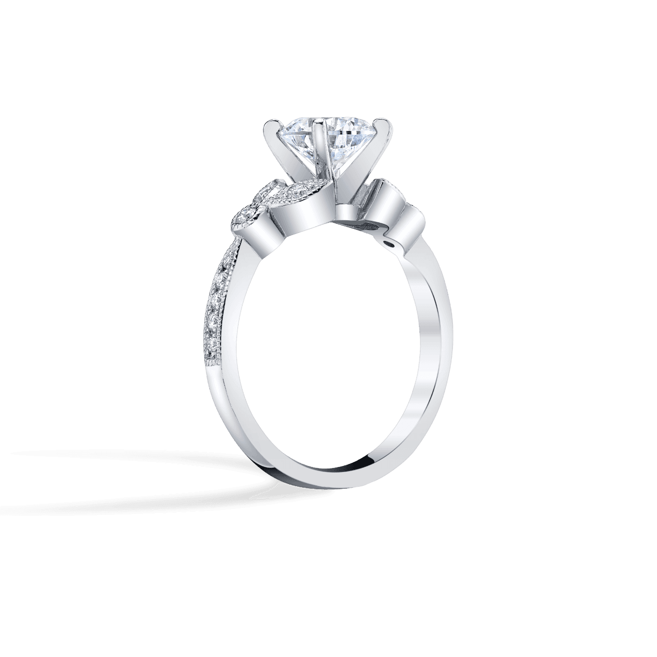 Round Shape Petite Leaf Engagement Ring in 14K White Gold, with Natural Accent Diamonds