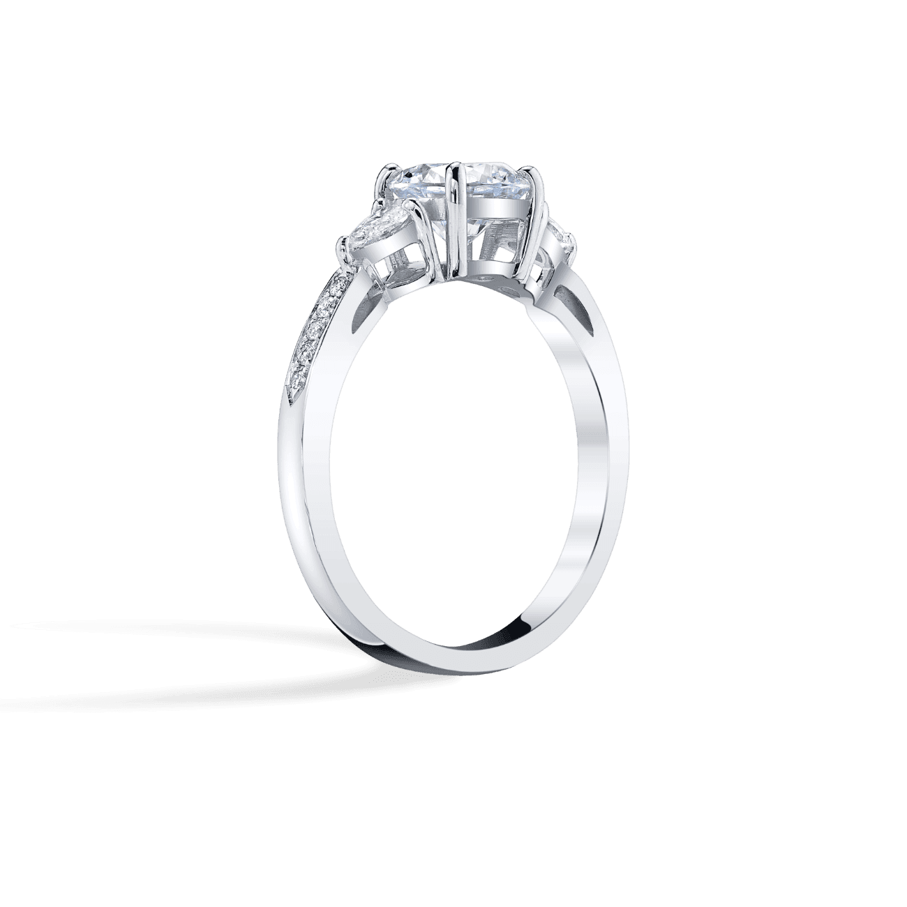 Round Shape Three Stone Engagement Ring in 14K White Gold, with Natural Accent Diamonds